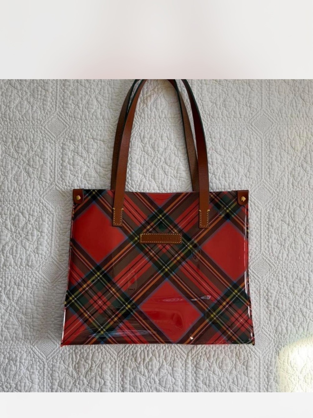 Dooney & Bourke Red Plaid Tote Bag with Brown Handles